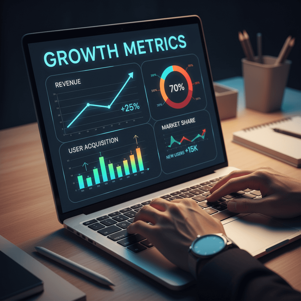 Performance analytics dashboard on laptop screen showing growth metrics