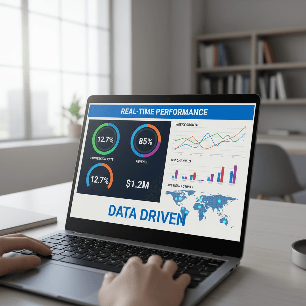 Analytics dashboard showing real-time performance metrics and conversion data