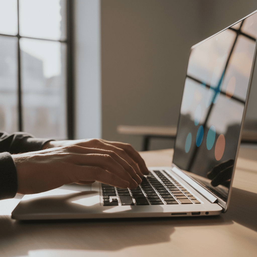 Hands typing on laptop during focused digital strategy work